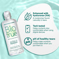 Image of a Bausch + Lomb Biotrue Multi-Purpose Contact Lens Solution 2-Pack (10oz x 2) bottle on a soft green background. Text highlights features: Contains hyaluronan for lens hydration, engineered for comfort with digital devices, and pH optimized for silicone hydrogel contact lenses.
