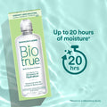 Image of Bausch + Lomb Biotrue Multi-Purpose Contact Lens Solution 2-Pack (10oz x 2) bottle and packaging floating on water. Text highlights Up to 20 hours of moisture and Enhanced with HA, a Natural Moisturizer, ideal for silicone hydrogel lenses. A clock icon indicates 20 hrs.