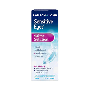 Bausch + Lomb Sensitive Eyes Saline Contact Lens Solution (12 oz) is pH balanced with potassium for natural tear compatibility, ideal for rinsing soft and gas permeable lenses. Described as gentle on packaging.