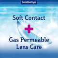 The Bausch + Lomb Sensitive Eyes Saline promotional graphic features Saline for Soft and Gas Permeable Lenses with a floating contact lens illustration over a serene, water-themed background.