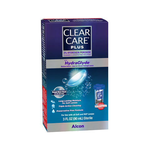 Alcons Clear Care Plus Cleaning Solution with Hydraglyde, 3oz travel size, comes in purple packaging featuring a blue and white logo. It offers long-lasting moisture and triple-action hydrogen peroxide cleaning for both soft and RGP lenses.
