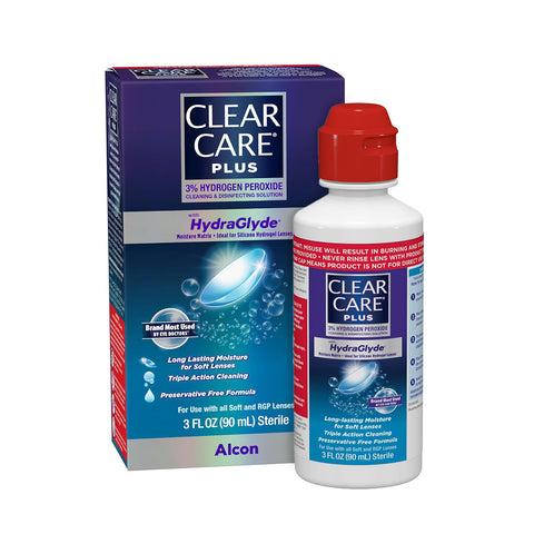 The travel-sized 3oz Clear Care Plus Cleaning Solution with HydraGlyde by Alcon features a red-capped bottle, box packaging, product details, and an image of a contact lens in liquid, highlighting its 3% hydrogen peroxide disinfection formula.