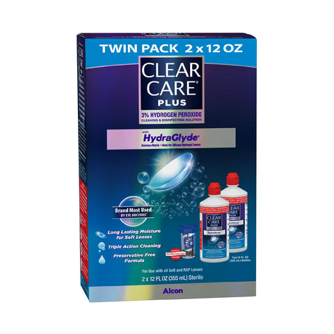 The image displays a box of Alcons Clear Care Plus Cleaning Solution with Hydraglyde. The twin pack contains two 12 oz bottles, highlighting benefits such as long-lasting moisture and triple action cleanliness through hydrogen peroxide cleaning.