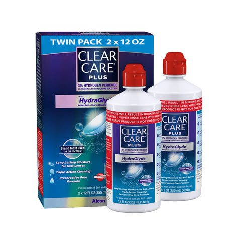 Alcons Clear Care Plus Cleaning Solution with Hydraglyde Twin Pack offers two 12 oz bottles. This solution provides long-lasting moisture, triple-action hydrogen peroxide cleaning, and a preservative-free formula for ultimate lens care—all highlighted on the packaging.