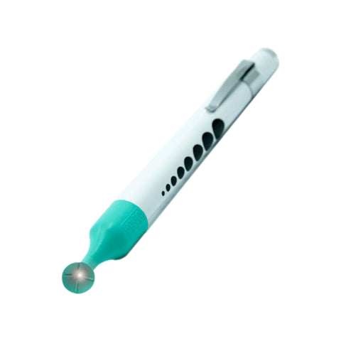 A white inclinable DMV Luma-Serter from a 5-pack (Green) lies on a white background, featuring sleek design with a teal tip, black accents, metallic clip, and circular cap.