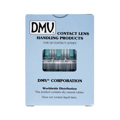 The DMV Ultra Hard Contact Lens Remover (10-Packs) from DMV is a blue box perfect for GP lenses. It features the latex-free Traditional Remover with a suction cup design for easy lens removal, and through the window, you can see multiple small, clear containers.