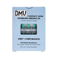 The light blue box of DMV Ultra Hard Contact Lens Remover (10-Packs) includes a transparent window showcasing tools like the green-handled DMV Traditional Remover. These dry natural rubber tools are latex-free, featuring a suction cup for contact lens handling.