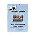 The DMV Ultra Hard Contact Lens Remover (10-Packs) features a blue box with a window showcasing three orange-handled tools, perfect for hard lens removal. Made from dry natural rubber without liquid latex, its distributed worldwide.