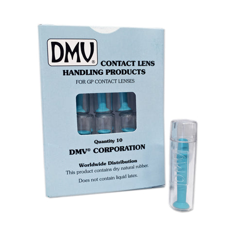 The DMV Ultra Hard Contact Lens Remover (10-Packs) by DMV features a clear container with a blue suction cup tool for GP lenses. The global packaging ensures safety with dry natural rubber and explicitly states No Liquid Latex.