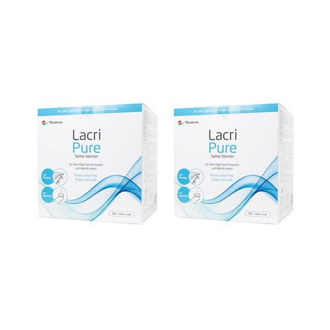 The 2-pack of Menicon Lacripure Sterile Saline Solution (98 vials each) is perfect for contact or scleral lenses. The white packaging with a blue wave highlights that its preservative-free and phosphate-free, ideal for safe rinsing and storing lenses.
