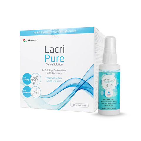 Box and bottle of Menicons Lacripure Sterile Saline Solution with 98 preservative-free vials, perfect for rinsing and inserting soft, rigid gas permeable, and hybrid contact lenses. The alcohol-free formula ensures gentle lens care. Comes with a Vibrant Vue Contact Lens Hand Prep.