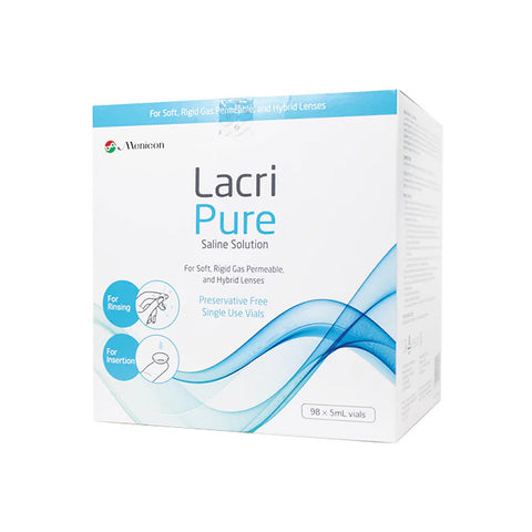 The Menicon Lacripure Sterile Saline Solution, in a white box with blue and teal wave designs, is preservative-free and suitable for soft, rigid gas permeable, and hybrid lenses. It includes 98 single-use 5 mL vials, perfect for scleral lens wearers.