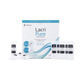 Image of Menicon Lacripure Sterile Saline Solution packaging and vials. The box specifies its ideal for scleral, soft, rigid gas permeable, and hybrid lenses. It includes 98 preservative-free single-use vials perfect for rinsing and insertion. Several vials are displayed beside the box.