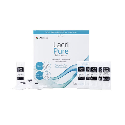 Image of Menicon Lacripure Sterile Saline Solution packaging and vials. The box specifies its ideal for scleral, soft, rigid gas permeable, and hybrid lenses. It includes 98 preservative-free single-use vials perfect for rinsing and insertion. Several vials are displayed beside the box.