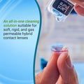 A person holds a contact lens on their fingertip as liquid from a Menicon Lacripure bottle is dropped onto it. Text reads: Menicons all-in-one, preservative-free saline solution for all contact lenses, including scleral lenses.