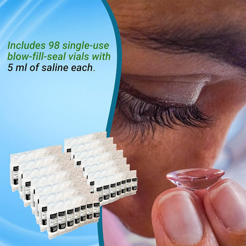 A person holds a contact lens near their eye with text stating, Menicon Lacripure Sterile Saline Solution includes 98 single-use, preservative-free 5 ml vials. Boxes are shown on the left side.