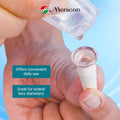 A hand holds a scleral lens applicator with a lens on it as another hand pours preservative-free saline from a Menicon Lacripure Sterile Saline Solution vial. Text reads: Ideal for easy daily use with scleral lenses. Logo at the top.