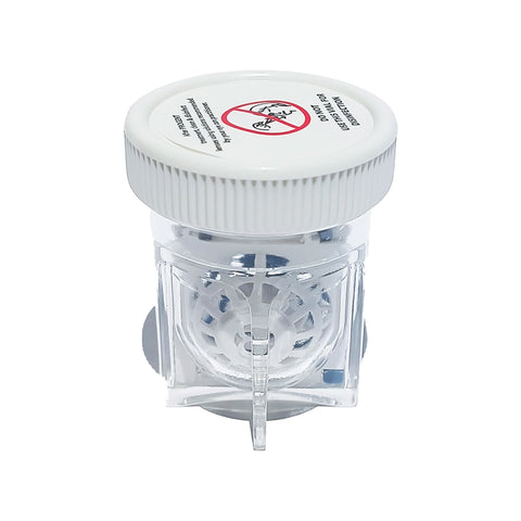 The PROGENT Menicon Large Diameter (Scleral) Lens Case by Menicon is a clear, hexagonal trap resembling a contact lens case, featuring a white lid with an insect prohibition sign and transparent sides surrounding a central bug capture compartment.
