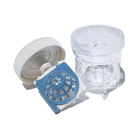 A disassembled plastic appliance part looks like the PROGENT Menicon Large Diameter (Scleral) Lens Case, featuring a clear cylindrical container and a white lid with a blue grid-like internal component, all neatly arranged on a white background akin to Menicons deep-cleaning efficiency.