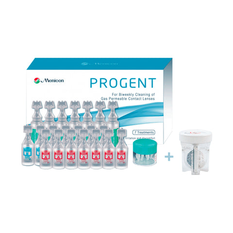 Image of the Menicon Progent Biweekly Contact Lens Cleaner - Removes Protein Deposits and Large Diameter Case Bundle. The package includes uniquely numbered bottles and a white case, highlighting its effectiveness for biweekly cleaning of gas permeable lenses with optimized clarity.