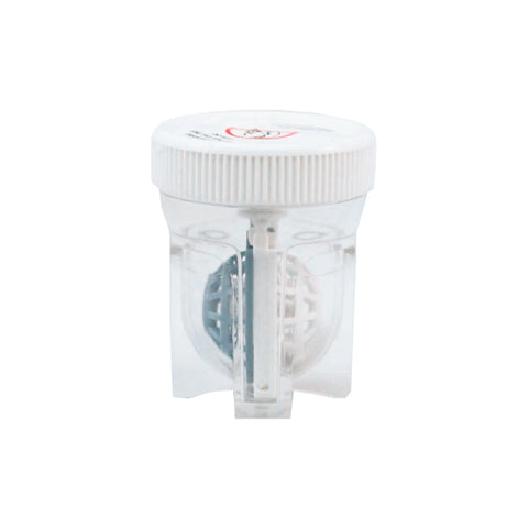 The Menicon Progent Biweekly Contact Lens Cleaner Bundle features a contact lens case with a screw-on white lid and internal holders, tailored for gas permeable lenses, showcasing a blue and white design on a pristine white background.