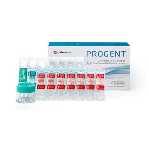 Image of a Menicon Progent Biweekly Contact Lens Cleaner kit for rigid gas permeable lenses, featuring protein remover vials and a lens case. The packaging is labeled for biweekly cleaning to reduce irritation and discomfort.