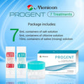 The Menicon Progent Biweekly Contact Lens Cleaner offers 7 treatments to effectively clean gas permeable lenses and remove protein deposits. Includes two 5mL bottles (salt and chlorine solutions), a 10mL saline solution, lens case, and packaging (Brand: Menicon).