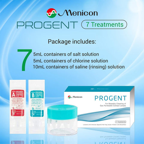 The Menicon Progent Biweekly Contact Lens Cleaner offers 7 treatments to effectively clean gas permeable lenses and remove protein deposits. Includes two 5mL bottles (salt and chlorine solutions), a 10mL saline solution, lens case, and packaging (Brand: Menicon).