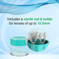 The Menicon Progent Biweekly Contact Lens Cleaner, featuring a teal lid and holder, is shown with text: Includes a sterile vial & holder for gas permeable lenses up to 10.5mm, highlighting sterile and 10.5mm in green against a blue wave backdrop.