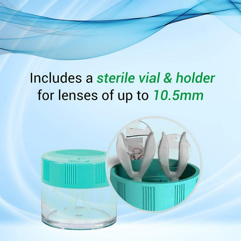The Menicon Progent Biweekly Contact Lens Cleaner, featuring a teal lid and holder, is shown with text: Includes a sterile vial & holder for gas permeable lenses up to 10.5mm, highlighting sterile and 10.5mm in green against a blue wave backdrop.