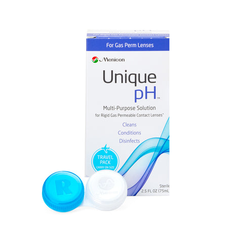 The Menicon Unique pH Travel Kit includes a 2.5 oz multipurpose solution for gas permeable lenses, focusing on cleaning, conditioning, and disinfecting, along with two contact lens cases: one blue with R and one white.