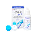 A Menicon Unique pH Travel Kit, including a 2.5 oz multi-purpose solution for gas permeable lenses and a blue and white case, sits beside its box.