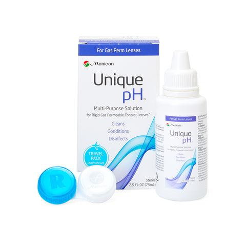 A Menicon Unique pH Travel Kit, including a 2.5 oz multi-purpose solution for gas permeable lenses and a blue and white case, sits beside its box.
