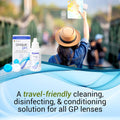 A person in a hat takes a selfie on a bridge, with Menicon Unique pH Travel Kit—an ideal multipurpose solution for cleaning, disinfecting, and conditioning all gas permeable lenses—featured prominently.