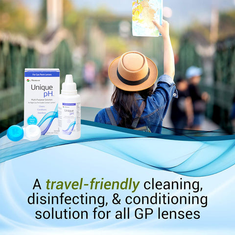 A person in a hat takes a selfie on a bridge, with Menicon Unique pH Travel Kit—an ideal multipurpose solution for cleaning, disinfecting, and conditioning all gas permeable lenses—featured prominently.
