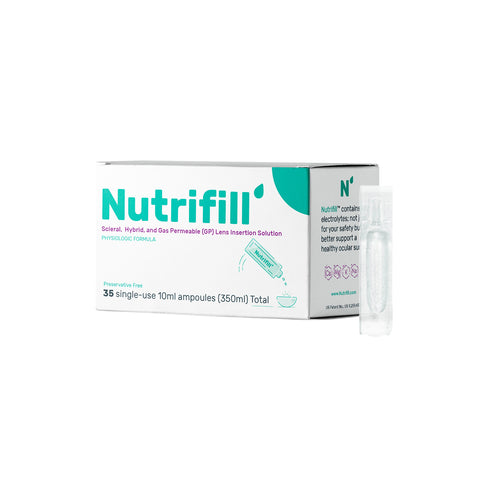 The Nutrifill Preservative Free Scleral, Hybrid, and Gas Permeable Lens Insertion Saline Solution from Contamac is packaged in teal and purple. It features an elegant graphic of an ampoule pouring into a contact lens case, with a clear ampoule standing upright beside it.