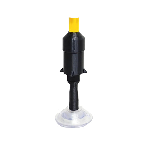 The S5 Mini Inserter by Augmented Vision Labs, designed for scleral and hybrid lens insertion, stands upright in black and yellow on a clear suction cup base against a plain white background.