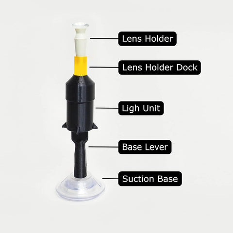 The Augmented Vision Labs S5 Mini Inserter for Scleral & Hybrid Lens Insertion, featuring a suction base, base lever, light unit, lens holder dock, and lens holder for precise insertion coaching, comes with complimentary video training.