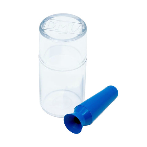 A clear cylindrical container embossed with DMV sits next to a blue cone-shaped remover for hard contact lenses, elegantly showcased against a white backdrop. This is part of the DMV Scleral Cup Large Contact Lens Handler (10-Packs).