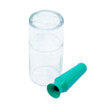 A DMV Scleral Cup Large Contact Lens Handler (10-Pack), designed for gas permeable lenses, rests beside a clear cylindrical plastic case with an embossed lid.