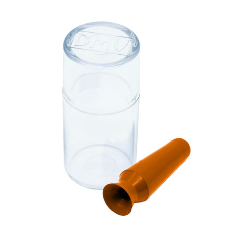 Clear container with DMV on the lid, next to an orange, conical DMV Scleral Cup Large Contact Lens Handler for gas permeable lenses.