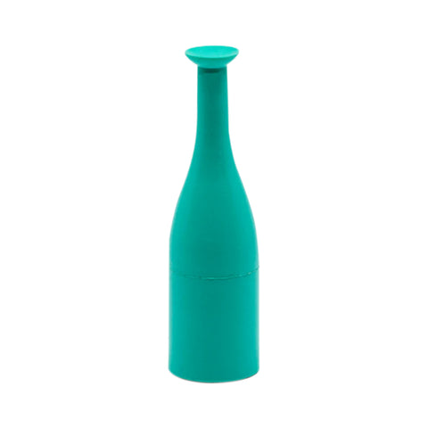 A teal silicone bottle stopper, with its long neck and flat top, mirrors the sleek design of DMV Versa contact lens tools. The minimalist style securely seals bottles against a plain white background.