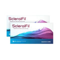 Two boxes of Bausch + Lombs ScleralFil saline solution for scleral, soft, and gas permeable lenses are displayed. The packaging features a wavy purple and blue design and each box contains 30 single-use vials.