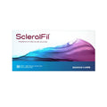 The image displays Bausch + Lombs ScleralFil Preservative Free Saline Solution packaging for scleral, soft, and rigid gas permeable lenses. The box, adorned with blue and purple watercolor accents, contains 30 single-use 10ml (0.34 Fl Oz) vials.