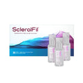 The image features a box and three single-use vials of Bausch + Lombs ScleralFil, a preservative-free saline solution for scleral, soft, and rigid gas permeable lenses. The box boasts a watercolor design in purple, blue, and pink hues, with each vial clearly labeled with product details.