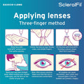 Illustrated guide showing the three-finger method for applying scleral lenses: rinse lenses, center on fingers, fill with ScleralFil Preservative Free Saline Solution by Bausch + Lomb, bend over, blink, and check for air bubbles. Includes product logos.