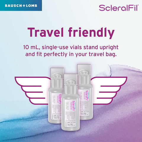 Three ScleralFil 0.34 Fl Oz vials, ideal for various lenses, are displayed with winged sides and Travel friendly text, highlighting their preservative-free saline solution. The Bausch + Lomb logo is placed at the top left on a blue and purple background.