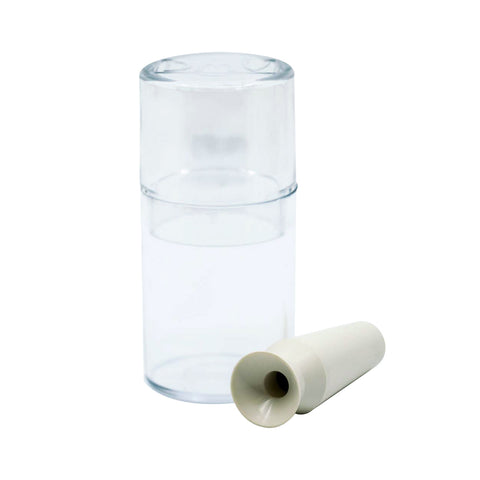 The DMV Vented Scleral Cup Contact Lens Insertion and Removal Tool (10-Pack White) by DMV features a clear cylindrical container with a wider lid and a white conical nozzle attachment, shown against a plain white background.