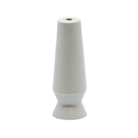 This conical white ceramic object resembles a DMV Vented Scleral Cup Contact Lens Insertion and Removal Tool, featuring a small top hole and wider base, ideal for easy scleral lens insertion.