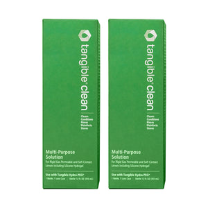 Two green boxes of Tangible Clean 12 oz Bottle, 2-Pack, Approved for all contact lenses including Hydra-Peg Coatings (4-Month Supply), displayed together. Ideal for all lenses, including silicone hydrogel and rigid gas permeable. Each Hydra-PEG compatible bottle holds 12 fl oz (355 ml).